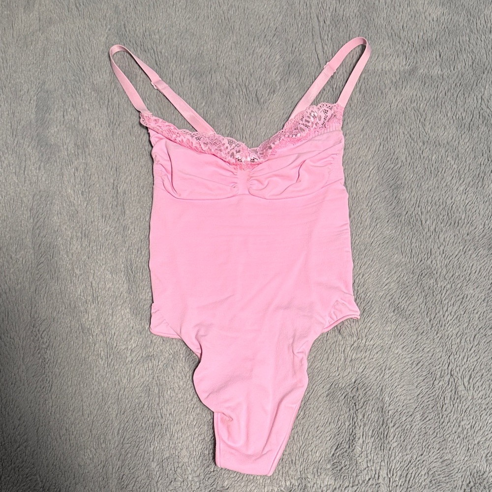 SKIMS Pink Lace Trim Bodysuit